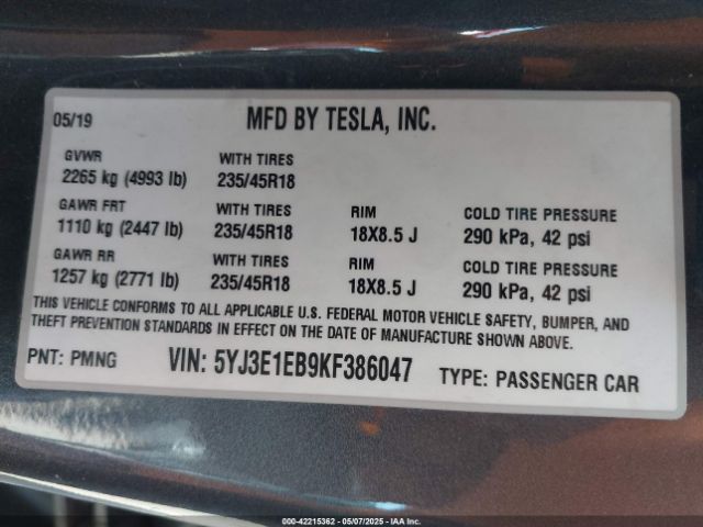 5YJ3E1EB9KF386047 Tesla Model 3 Long Range/performance