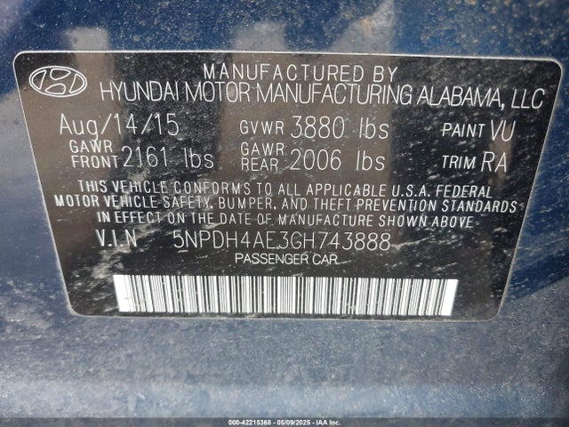 Hyundai dohc mpi nu 2016 5NPDH4AE3GH743888 Image 9