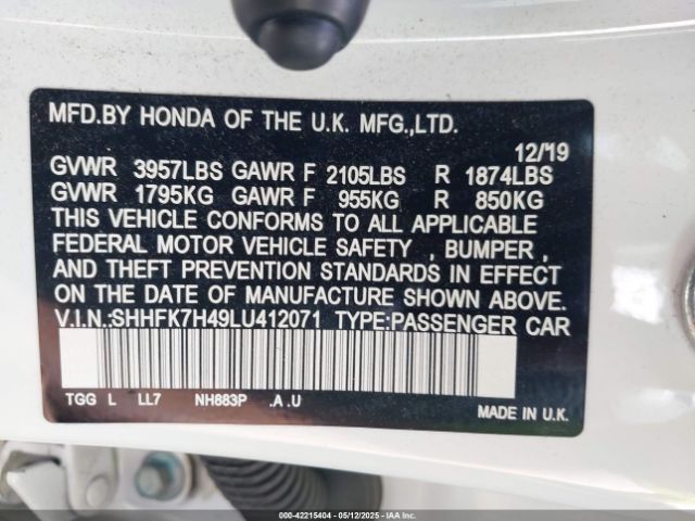 SHHFK7H49LU412071 Honda Civic Sport