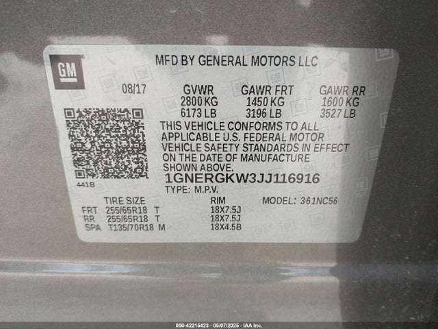 1GNERGKW3JJ116916 Chevrolet Traverse 1lt