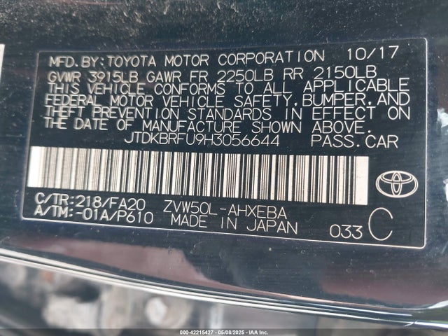 JTDKBRFU9H3056644 Toyota 2zr-fxe,1nm