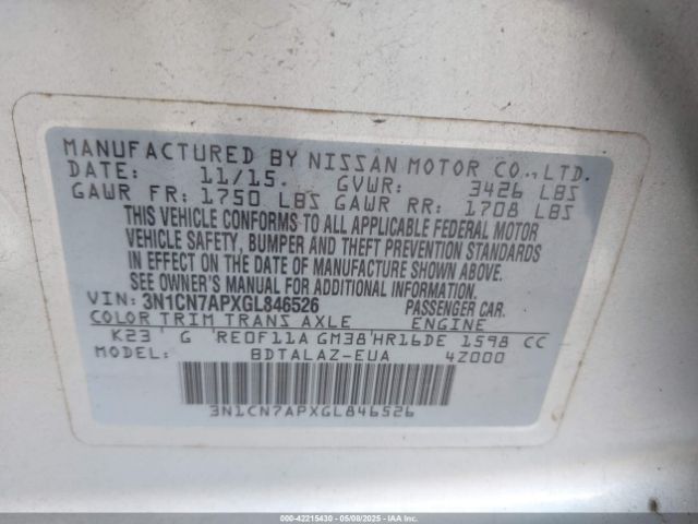 3N1CN7APXGL846526 Nissan Versa 1.6 S+