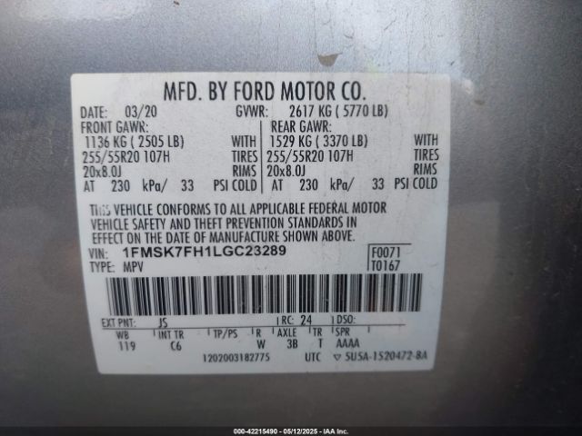 1FMSK7FH1LGC23289 Ford Explorer Limited
