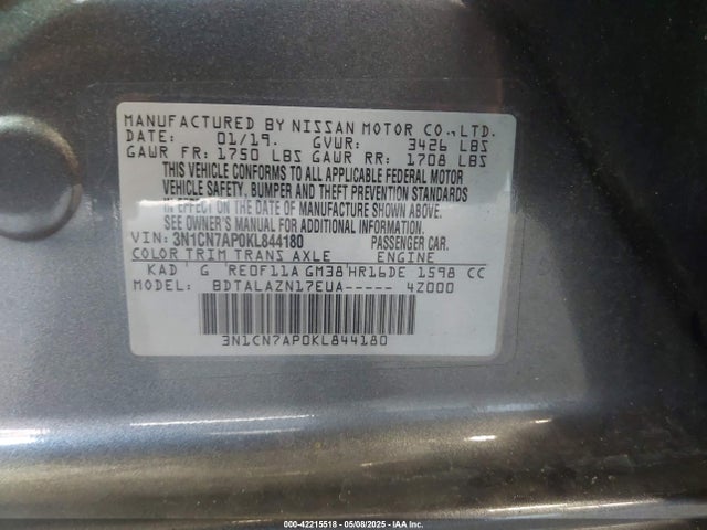 3N1CN7AP0KL844180 Nissan Versa 1.6 S+