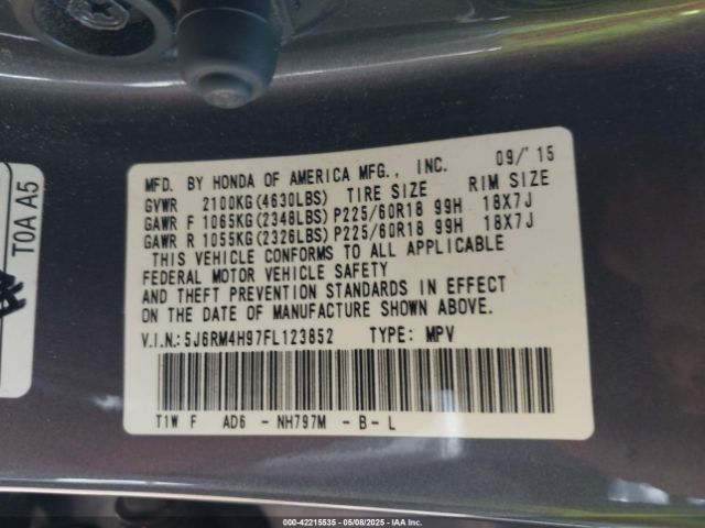 5J6RM4H97FL123852 Honda Cr-v Touring