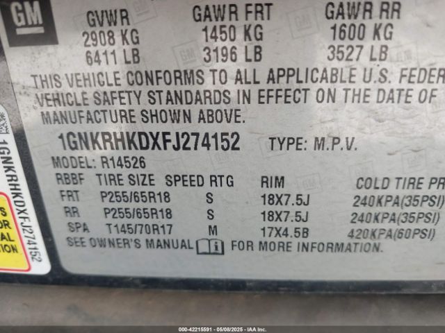 1GNKRHKDXFJ274152 Chevrolet Traverse 2lt