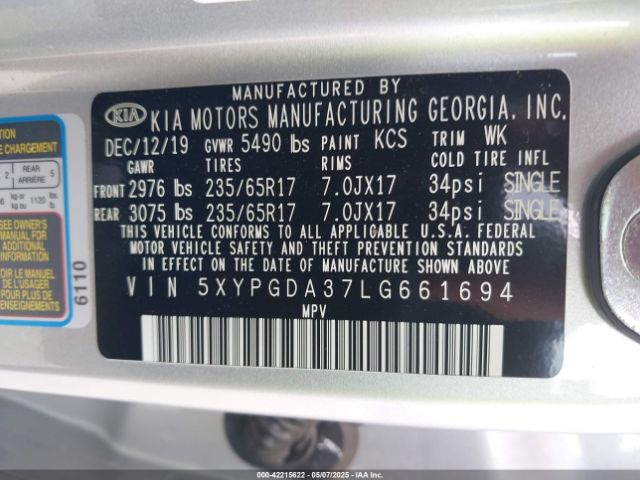 5XYPGDA37LG661694 KIA Sorento 2.4l Lx