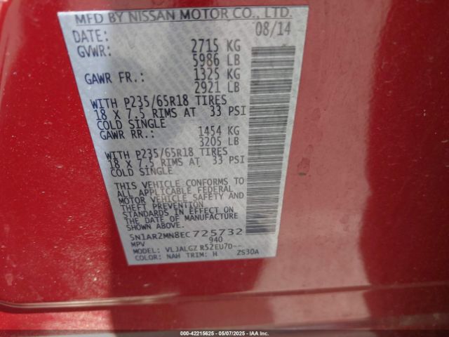 5N1AR2MN8EC725732 Nissan Pathfinder Sl