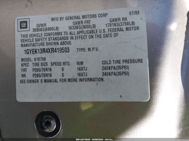 1999 CADILLAC ESCALADE 1GYEK13R4XR419503 Photo 8