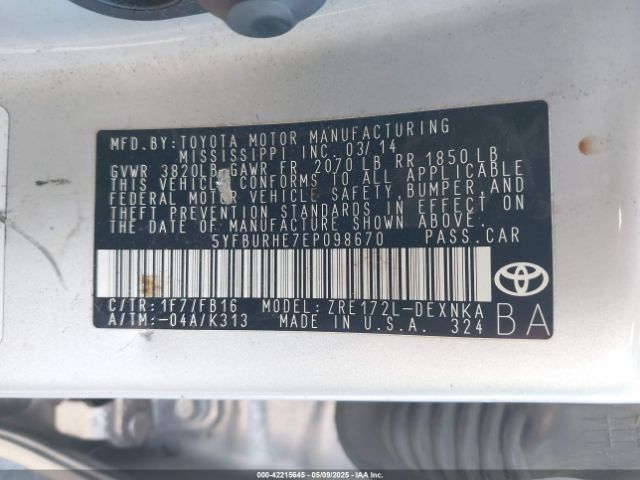 5YFBURHE7EP098670 Toyota Corolla Le Plus