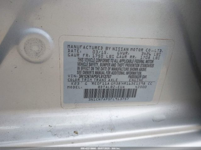 3N1CN7AP5FL913757 Nissan Versa 1.6 Sv
