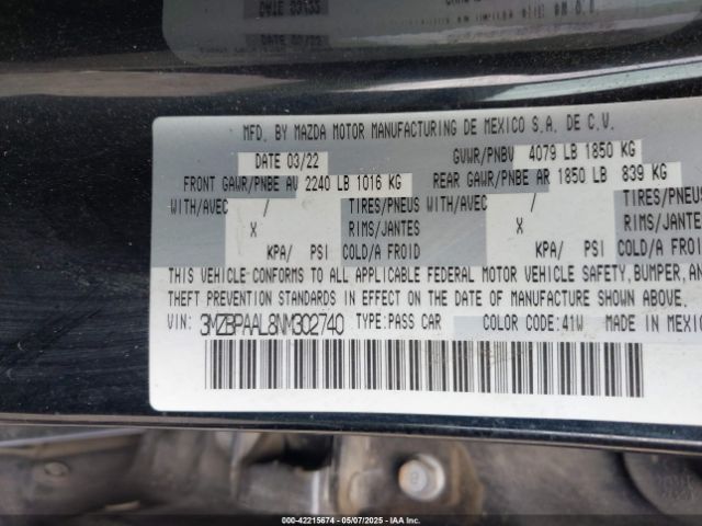 3MZBPAAL8NM302740 Mazda Mazda3 2.5 S