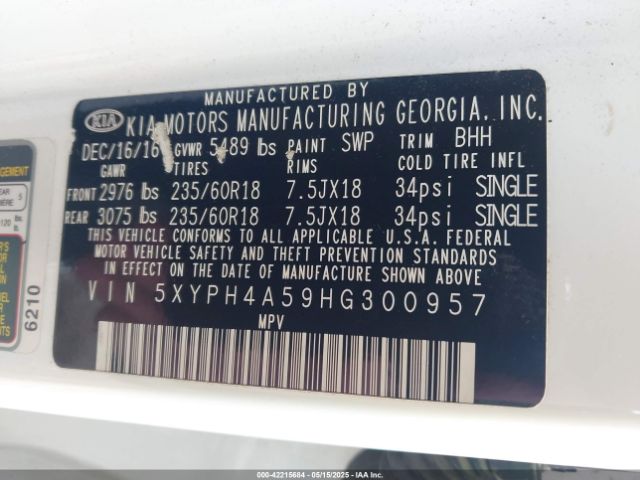 5XYPH4A59HG300957 KIA Sorento 3.3l Ex