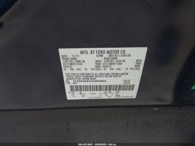 1FM5K8D83GGB40894 Ford EXPLORER XLT