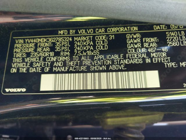 YV440MDK3G2785324 Volvo Xc60 T5 Drive-e Premier