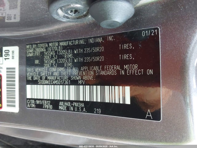 5TDDRKEC4MS017361 Toyota Sienna Xse