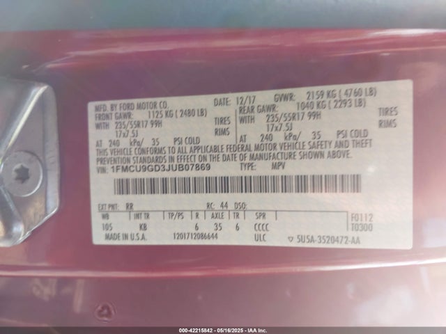 1FMCU9GD3JUB07869 Ford ESCAPE SE