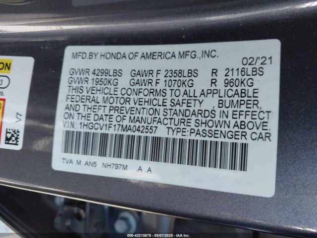 1HGCV1F17MA042557 Honda l15be