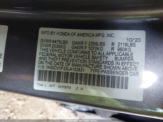 1HGCV1F33LA152831 Honda l15be