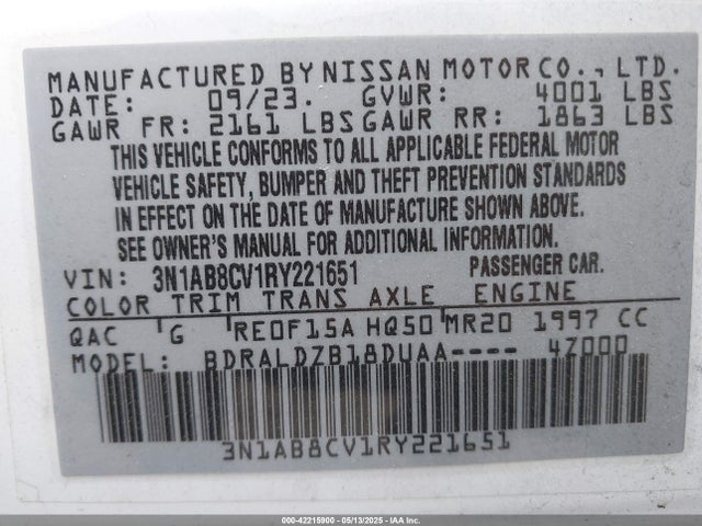 3N1AB8CV1RY221651 Nissan Sentra Sv Xtronic Cvt
