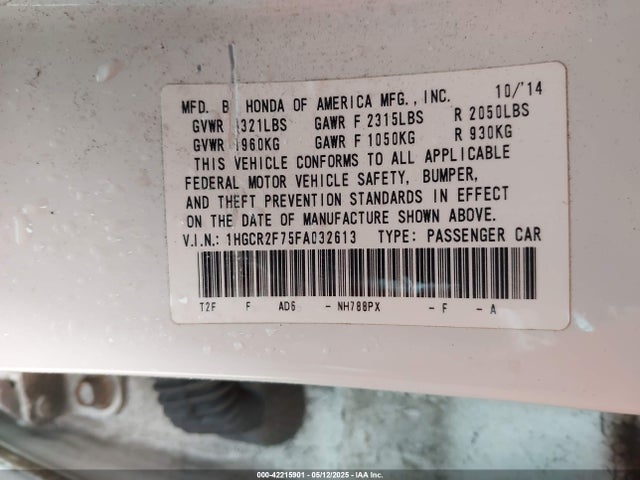 Aukcja sprzedaży 2015 Honda Accord Ex, vin: 1HGCR2F75FA032613, numer aukcji: 42215901