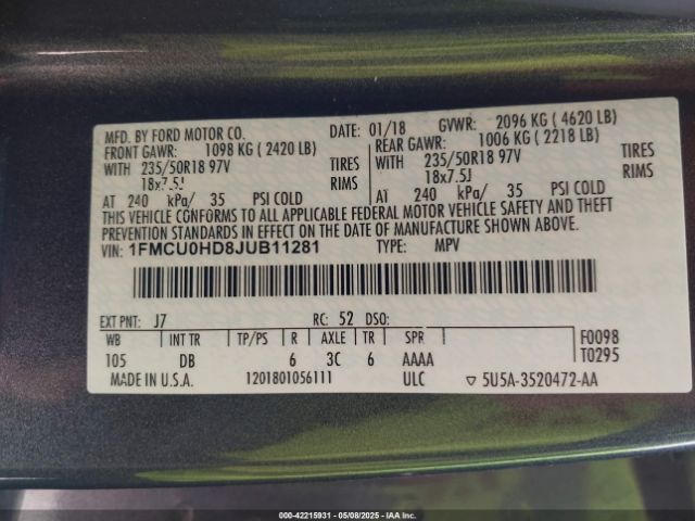 1FMCU0HD8JUB11281 Ford ESCAPE SEL