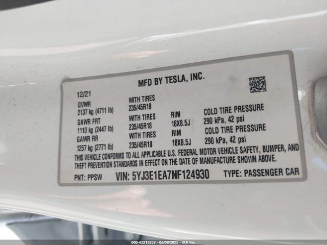 2022 TESLA MODEL 3 5YJ3E1EA7NF124930 Photo 8