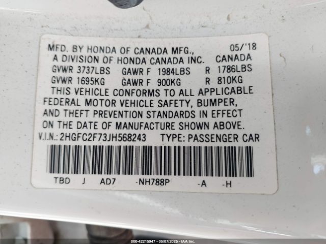 2HGFC2F73JH568243 Honda CIVIC EX