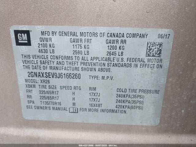 2GNAXSEV9J6166260 Chevrolet EQUINOX LT