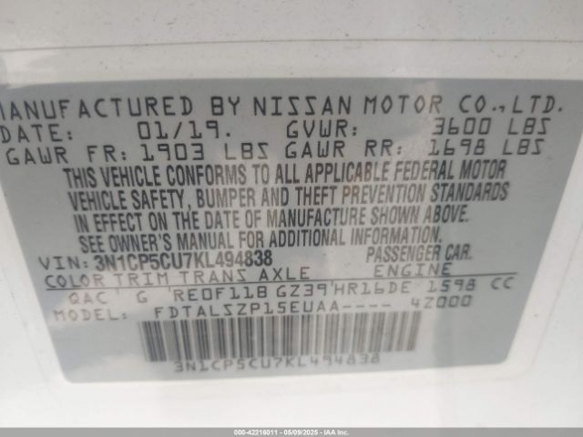 3N1CP5CU7KL494838 Nissan KICKS SV