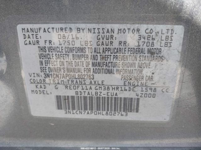 3N1CN7AP0HL802763 Nissan Versa 1.6 S/1.6 S+/1.6 Sl/1.6 Sv