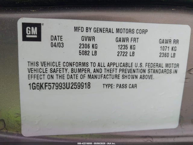 2003 CADILLAC DEVILLE 1G6KF57993U259918 Photo 8