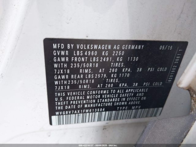 WVGBV7AX1FW613504 Volkswagen TIGUAN SE