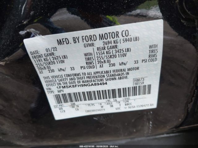 1FMSK8FH9NGA89494 Ford Explorer Limited