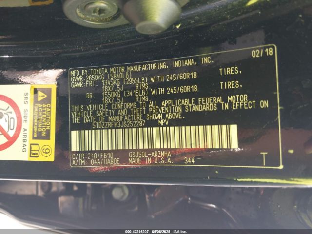5TDZZRFH3JS252287 Toyota Highlander Le