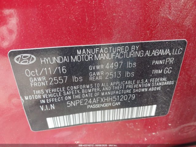 5NPE24AFXHH512079 Hyundai Sonata