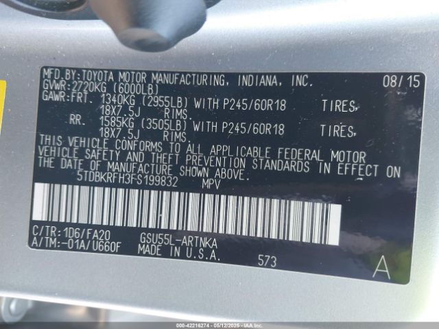 5TDBKRFH3FS199832 Toyota Highlander Le Plus V6
