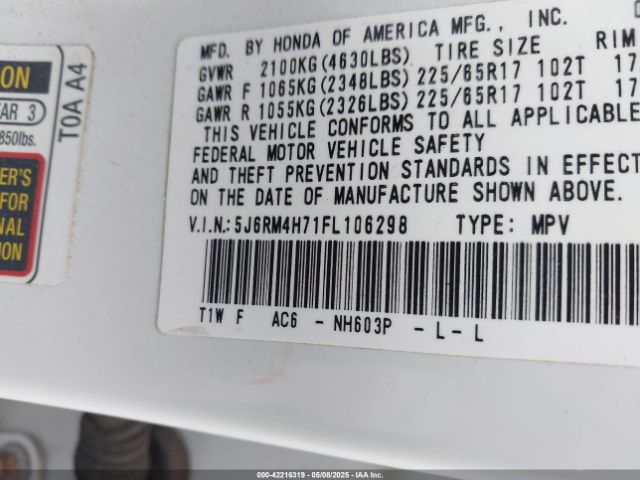 5J6RM4H71FL106298 Honda Cr-v Ex-l