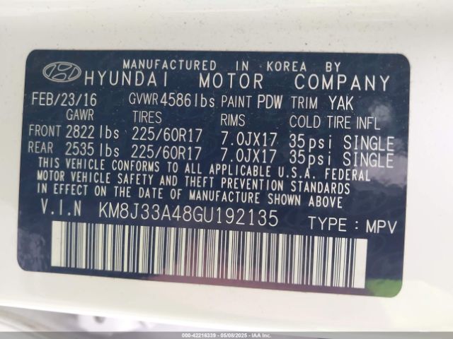 KM8J33A48GU192135 Hyundai TUCSON SE