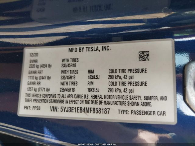 2021 TESLA MODEL 3 5YJ3E1EB4MF858187 Photo 8