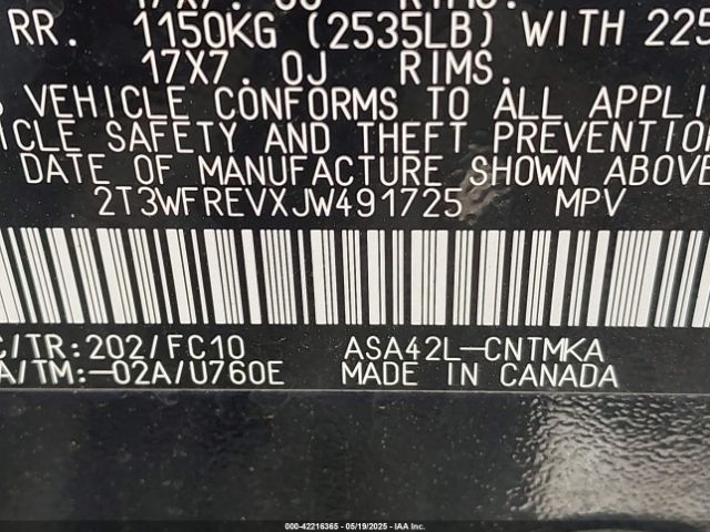 2T3WFREVXJW491725 Toyota Rav4 Xle