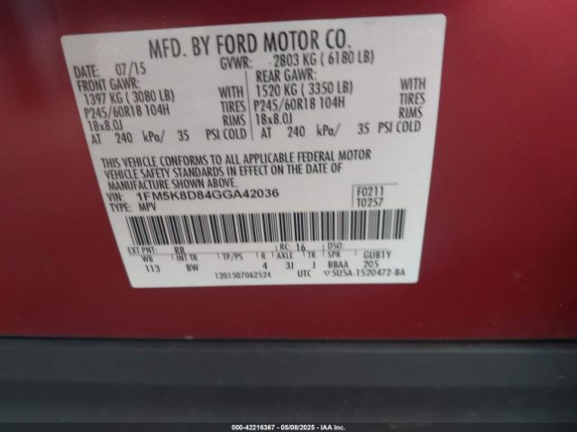 1FM5K8D84GGA42036 Ford EXPLORER XLT