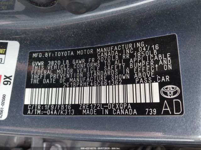 2T1BPRHE4GC661362 Toyota Corolla Le Eco