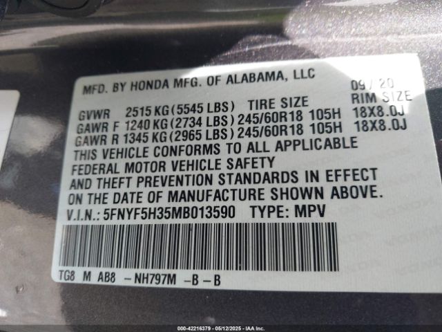 5FNYF5H35MB013590 Honda Pilot 2wd Ex