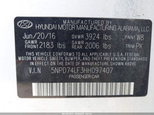 5NPD74LF3HH097407 Hyundai ELANTRA SE