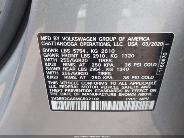 1V2ER2CA9MC502102 Volkswagen Atlas 3.6l V6 Sel