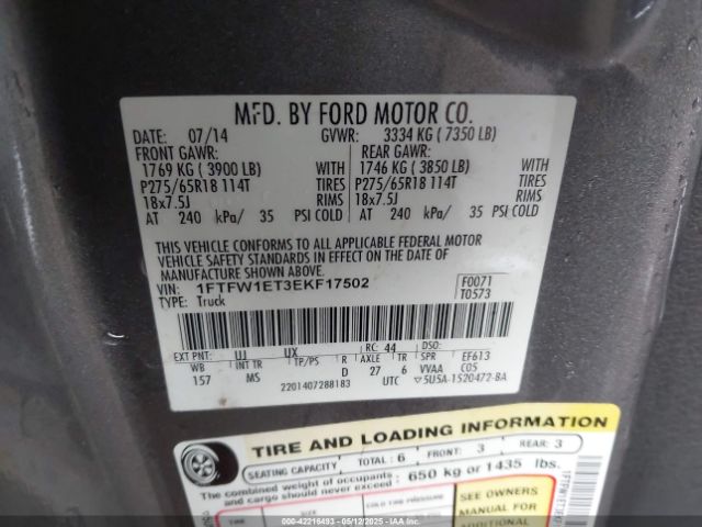 1FTFW1ET3EKF17502 Ford F-150 Xlt