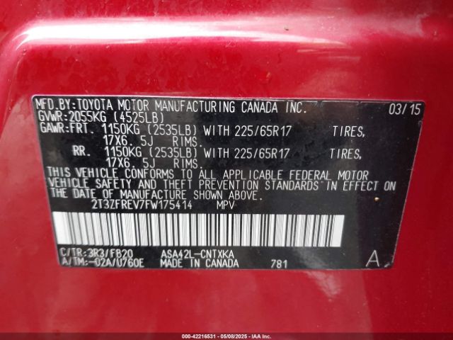2T3ZFREV7FW175414 Toyota RAV4 LE