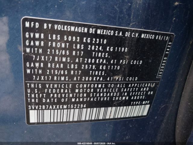 3VV2B7AXXKM152294 Volkswagen Tiguan 2.0t Se/2.0t Sel/2.0t Sel R-line/2.0t Sel R-line Black
