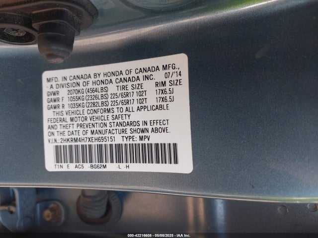 2HKRM4H7XEH695151 Honda Cr-v Ex-l